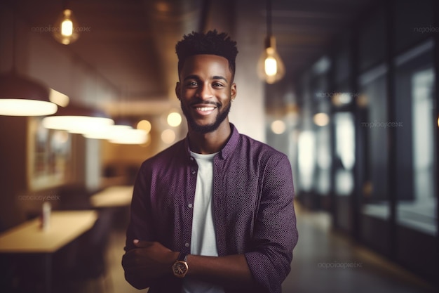 Jonge slimme afro-amerikaanse zakenman lachend gezicht staande in wazige achtergrond van creatief kleurrijk kantoorinterieurontwerp Generatieve AI AIG20
