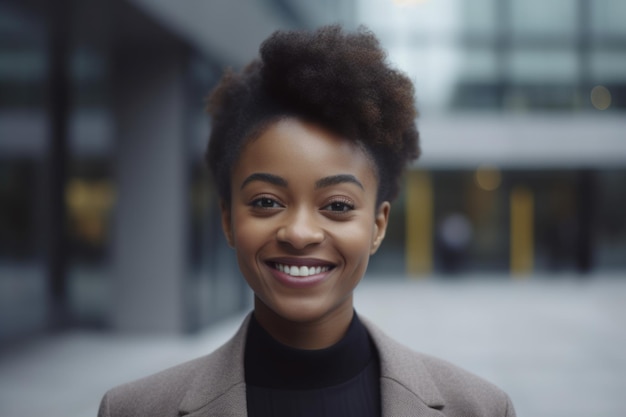 Jonge slimme afro-amerikaanse zakenvrouw lachend gezicht staande in wazige achtergrond van modern kantoorgebouw Generative AI AIG20