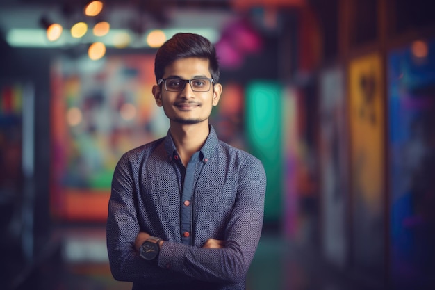 Jonge slimme Indiase zakenman lachend gezicht staande in wazige achtergrond van creatief kleurrijk kantoorinterieurontwerp Generatieve AI AIG20