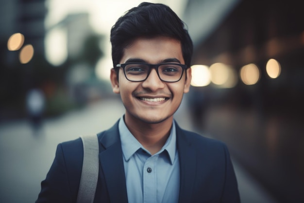 Jonge slimme Indiase zakenman lachend gezicht staande in wazige achtergrond van modern kantoorgebouw Generatieve AI AIG20
