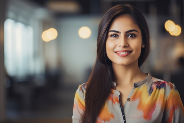 Jonge slimme Indiase zakenvrouw lachend gezicht staande in wazige achtergrond van creatief kleurrijk kantoorinterieurontwerp Generatieve AI AIG20