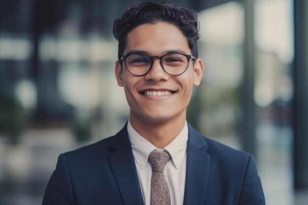 Jonge slimme Spaanse zakenman lachend gezicht staande in wazige achtergrond van modern kantoorgebouw Generative AI AIG20