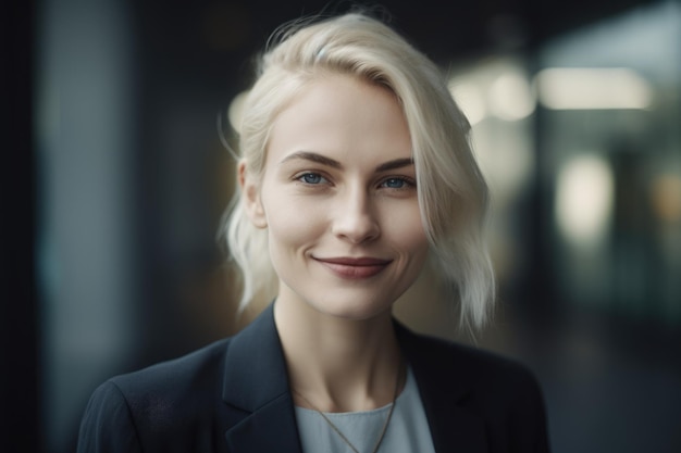 Jonge slimme Zweedse zakenvrouw lachend gezicht staande in wazige achtergrond van modern kantoorgebouw Generative AI AIG20