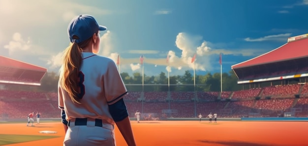 Jonge softbalspeler in het stadion tijdens de wedstrijd kopieerruimte AI genereerde kwaliteitsillustratie