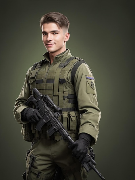 Jonge soldaat in militair uniform en kogelvrije vesten met een geweer