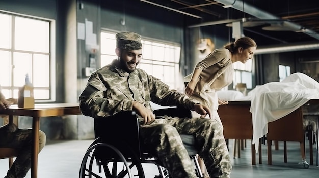 Foto jonge soldaat in uniform zittend in een rolstoel en pratend met zijn vrouwelijke verpleegster generatieve ai