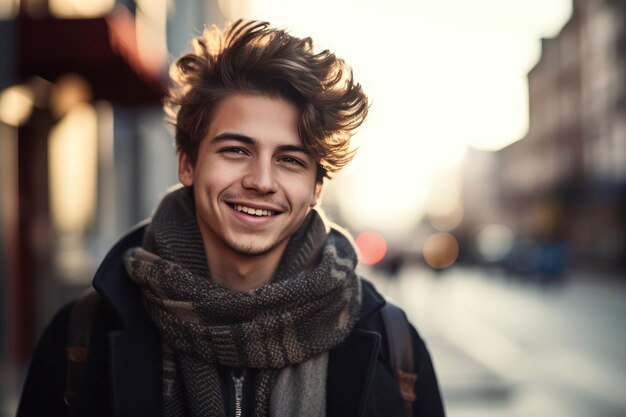 Jonge spaanse man die lacht, blij met het dragen van een sjaal die door de stad loopt