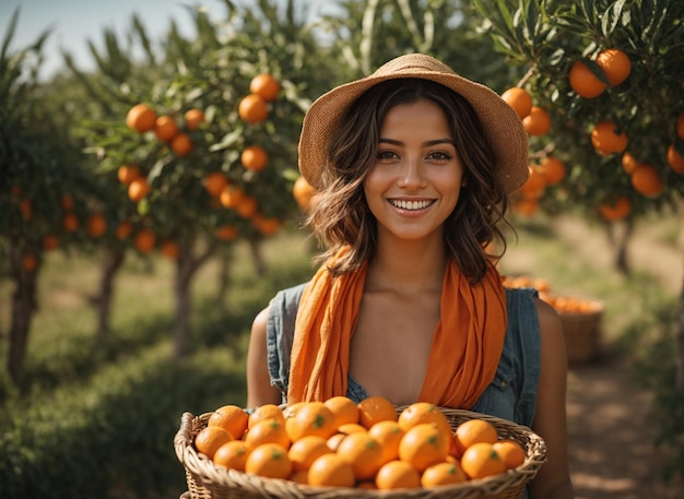 Jonge Spaanse vrouw met een sjaal op haar hoofd een vrolijke glimlach met een mandje mandarijnen op een mandarijnplantage op een onvergetelijke zonnige dag