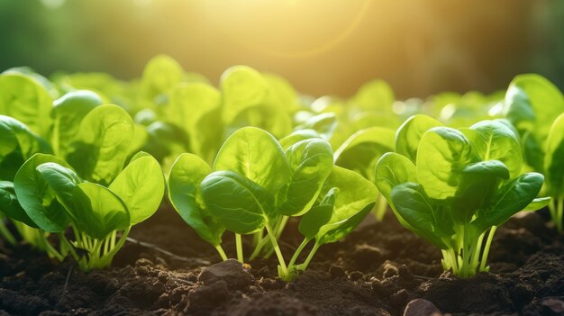 Jonge spinaakplanten verlicht door het zachte ochtendzonlicht