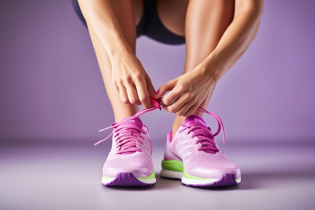 Jonge sportieve vrouw trekt stijlvolle kleur sneakers aan voor training