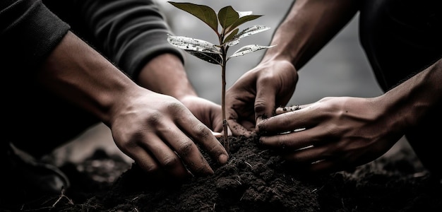 Jonge spruit in mannelijke handen die donkere aarde dag ecologie laat landbouw grond