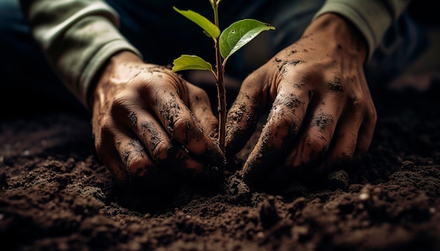 Jonge spruit in mannelijke handen die donkere aarde dag ecologie laat landbouw grond