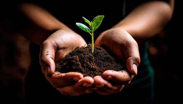 Jonge spruit in mannelijke handen die donkere aarde dag ecologie laat landbouw grond