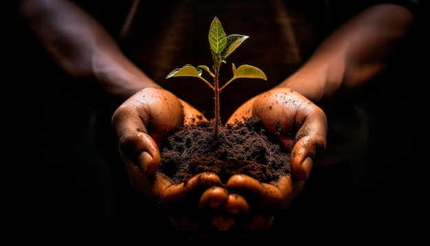 Jonge spruit in mannelijke handen die zwarte donkere aarde dag ecologie verlaat landbouw grond