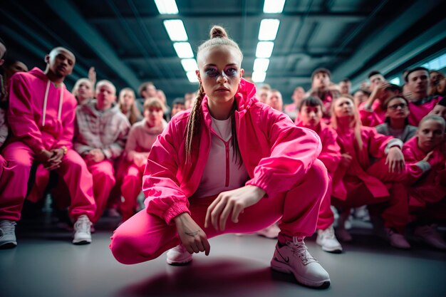 Foto jonge stedelijke dansers in roze tracksuits poseren