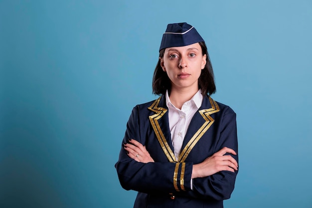 Jonge stewardess in uniform portret met gekruiste armen. Zelfverzekerde vliegtuigstewardess die naar camera kijkt, medium shot studio, serieuze stewardess vooraanzicht