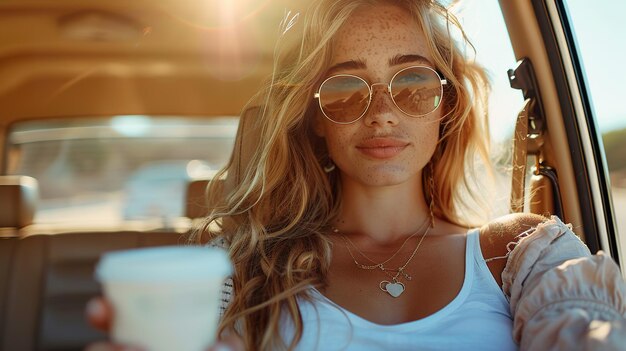 Jonge stijlvolle vrouw zit met een koffiekop op de achterbank van de auto onderweg