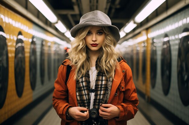 Jonge stijlvolle vrouwelijke fotograaf die de metro in de stad verkent