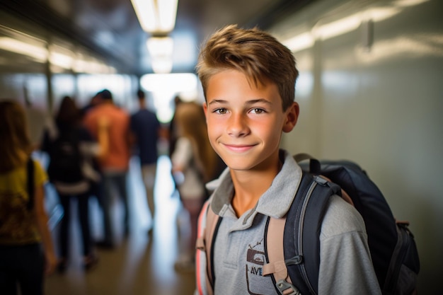 Foto jonge student in het gangpad van de school terug naar school en leerconcept