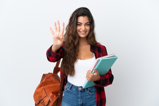 Jonge student vrouw geïsoleerd op een witte achtergrond gelukkig en vier tellen met vingers