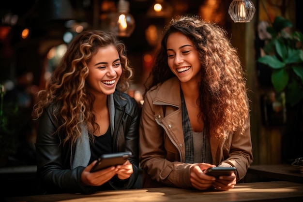 Jonge studenten kijken naar hun smartphones en glimlachen.