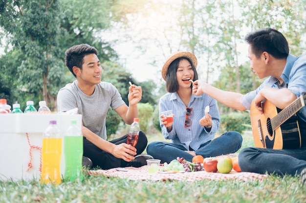 Jonge tienergroepen die samen picknick in park hebben samen.