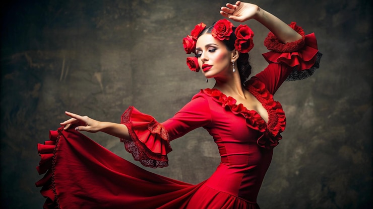 Foto jonge tienervrouw in rood danspak met rode anjers in haar haar doet flamenco dans poseert flamenco concept dans kunst typische spaanse dans