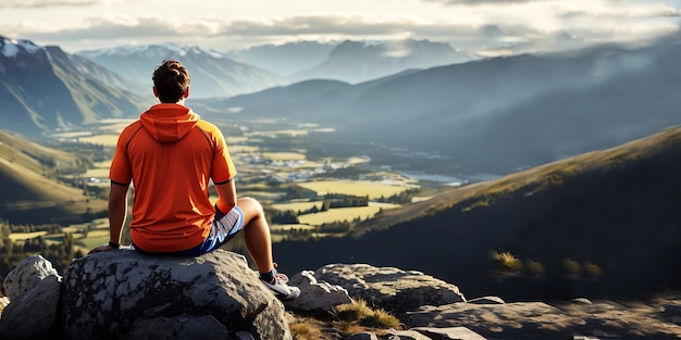 Jonge toeristen met rugzakken genieten van uitzicht op de bergen op de gegenereerde berg