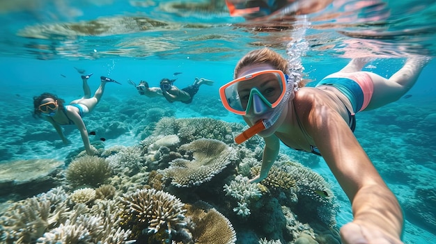 Jonge toeristen zwemmen onder water in het Great Barrier Reef