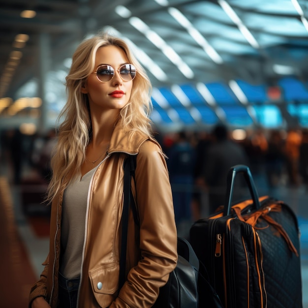 Jonge toeristenvrouw die in glazen met koffer in luchthaventerminal op vliegtuig wachten Concept stedelijk vervoer en reizen