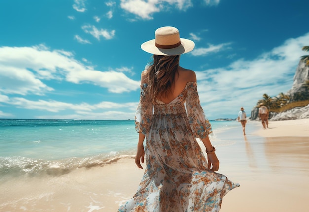 jonge toeristische vrouw in zomerjurk en hoed staande op het prachtige zandstrand Schattig meisje genieten