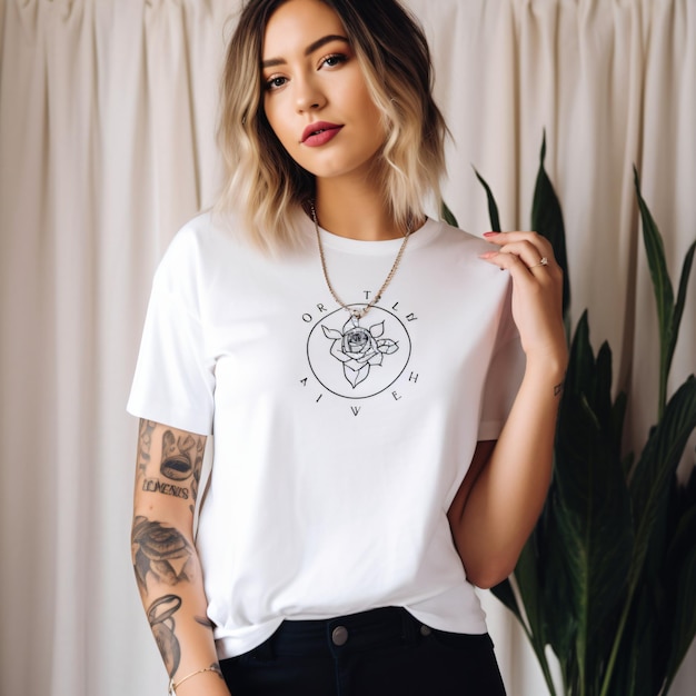 Jonge trendy vrouw met tatoeages die een wit t-shirt met maan en bloemen draagt