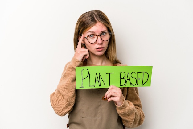 Jonge tuinman vrouw met een plan gebaseerd plakkaat geïsoleerd op een witte achtergrond wijzende tempel met vinger, denken, gericht op een taak.