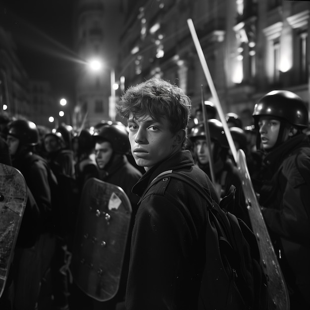 Foto jonge universiteitsstudent die's nachts door de straten van de stad marcheert om te protesteren