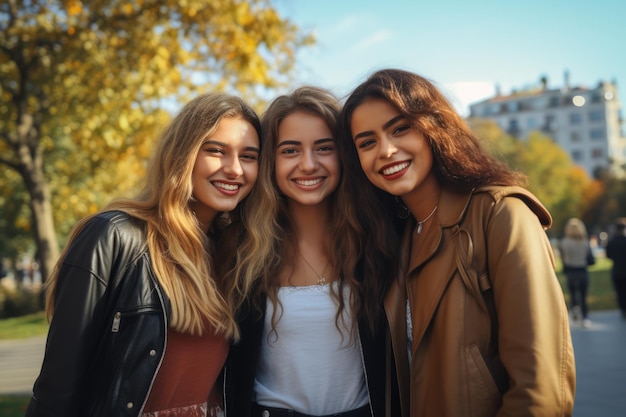 jonge universiteitsstudent vriendinnen genieten van zonnige dag op de campus van de universiteit