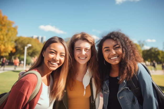 jonge universiteitsstudent vriendinnen genieten van zonnige dag op de campus van de universiteit