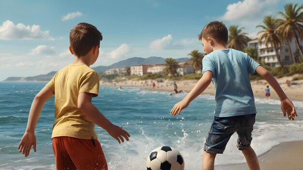 Foto jonge vader met zijn kleine zoon die voetbal speelt op het strand zee zonnige dag zomer