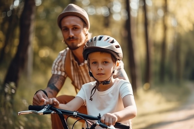 Jonge vader met zijn zoontje op zijn fiets in het park Generatieve AI illustratie