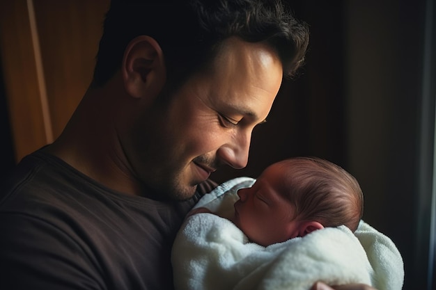 Jonge vader wiegt zijn pasgeboren baby in zijn armen