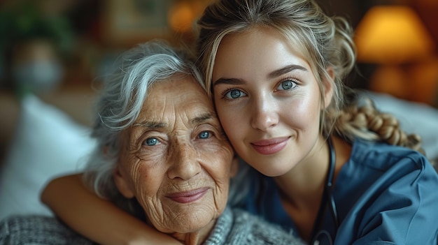 jonge verpleegster verzorgt een oudere vrouw gezondheidsondersteuning ouderenzorg thuis verpleegster zorgverlener concept