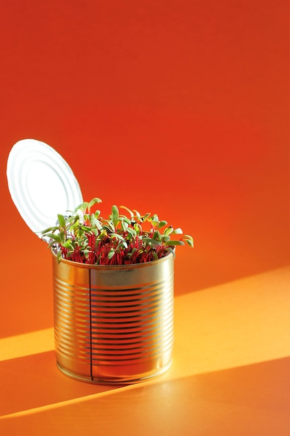 Jonge verse gezonde groene bieten in een metalen blikje op een oranje achtergrond close-up.