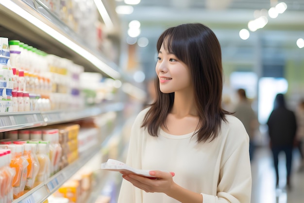 Jonge volwassen aziatische vrouw die een product kiest in een neuraal netwerk van een supermarkt