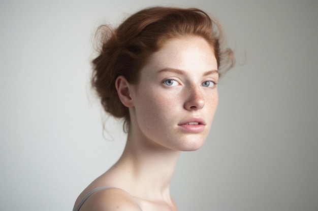 Jonge volwassen Europese vrouw 20s meisje met krullend rood haar gezicht portret
