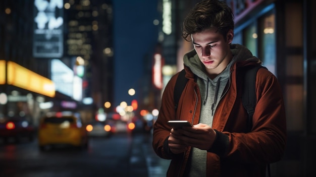 jonge volwassen man die tekstberichten op zijn smartphone leest