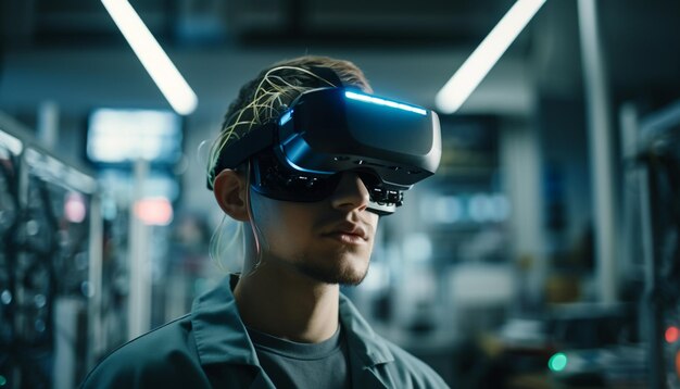 Jonge volwassen man met slimme bril in futuristische virtual reality gegenereerd door AI