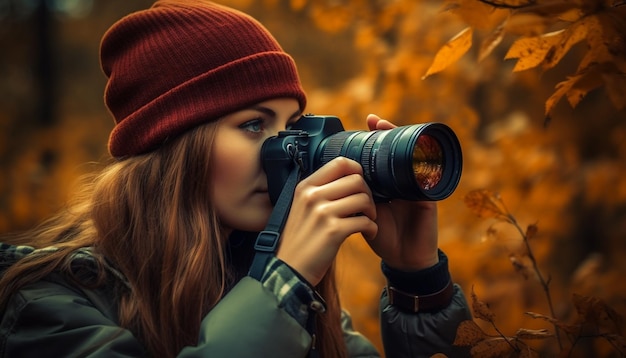 Jonge volwassen vrouw die buiten fotografeert met een camera in de herfst gegenereerd door kunstmatige intelligentie