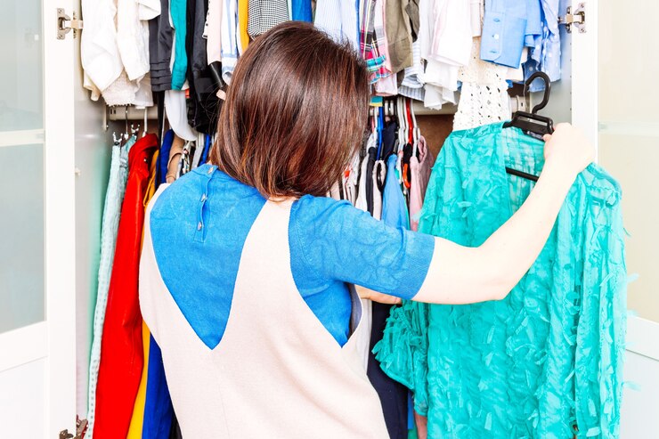 Jonge volwassen vrouw die kleding uit de kledingkast sorteert voor de komst van de lente en de zomer
