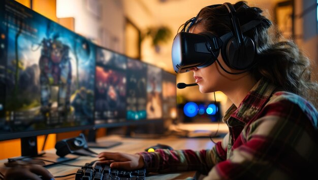 Foto jonge volwassen vrouw die thuis een videospel speelt met een virtual reality headset.