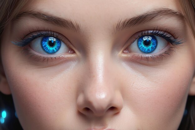 Foto jonge volwassen vrouw met blauwe ogen die naar een camera kijkt die door ai is gegenereerd