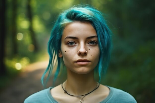 Jonge volwassen vrouw portret in wit t-shirt met turkoois geverfd haar op groene bos achtergrond aantrekkelijke vrouwelijke artiest met heldere uitstraling charmante vrouw met turquoise geverfd haar in maritieme stijl